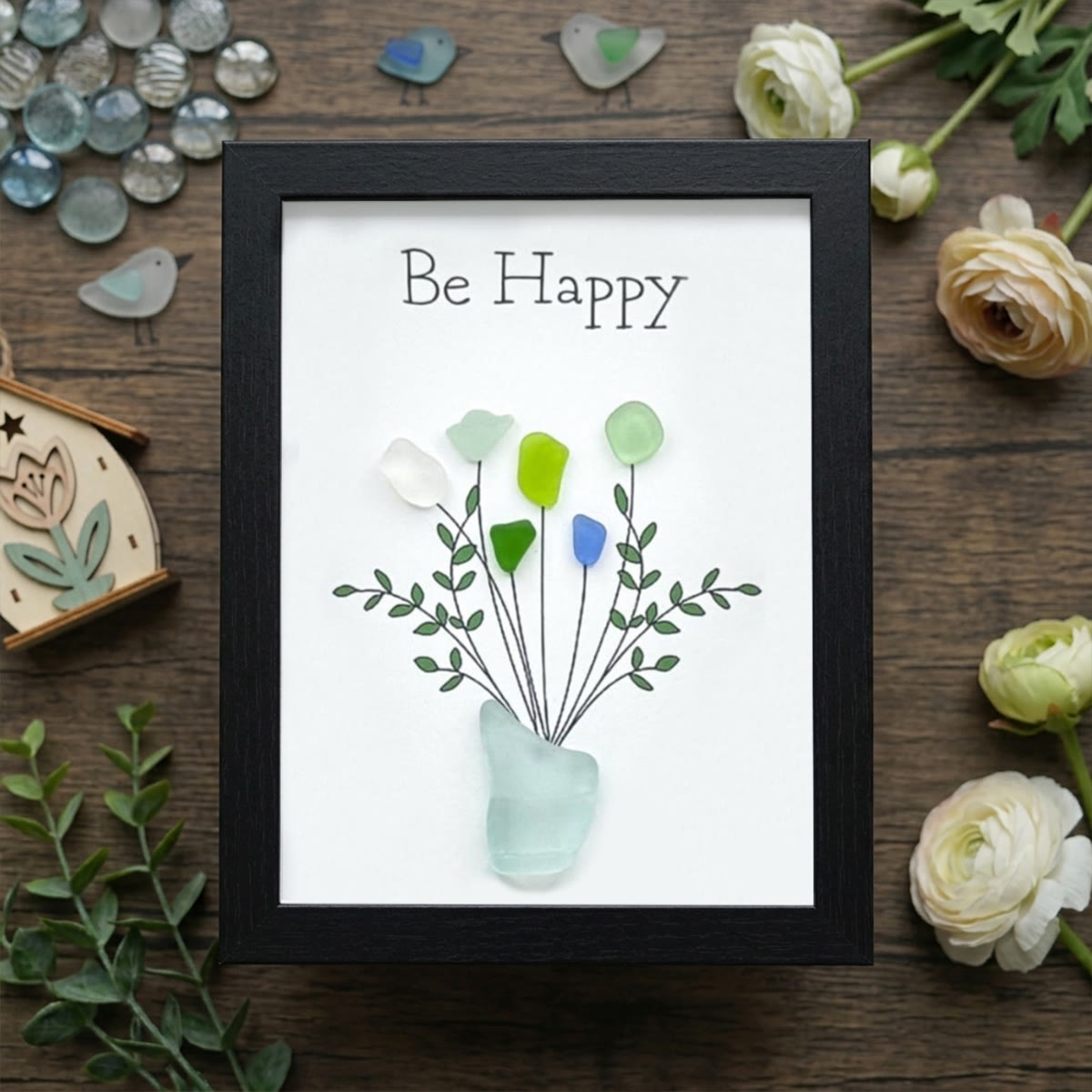Be Happy Flower Bouquet Sea Glass Framed Art - Black - 6" X 8" - image 10