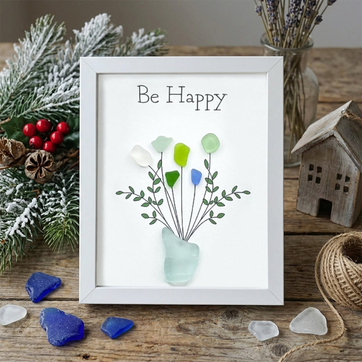 Be Happy Flower Bouquet Sea Glass Framed Art - White - 6" X 8" - image 11