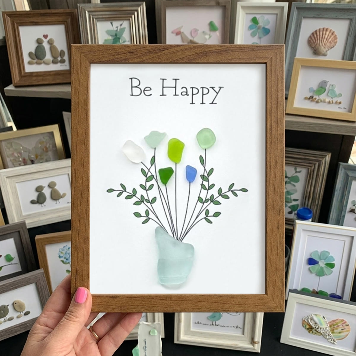 Be Happy Flower Bouquet Sea Glass Framed Art - Walnut Brown - 6" X 8" - image 9