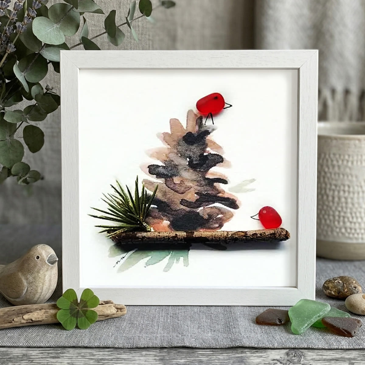 Red Birds Perched On A Pinecone Sea Glass Framed Art - White - 8" X 8" - image 10