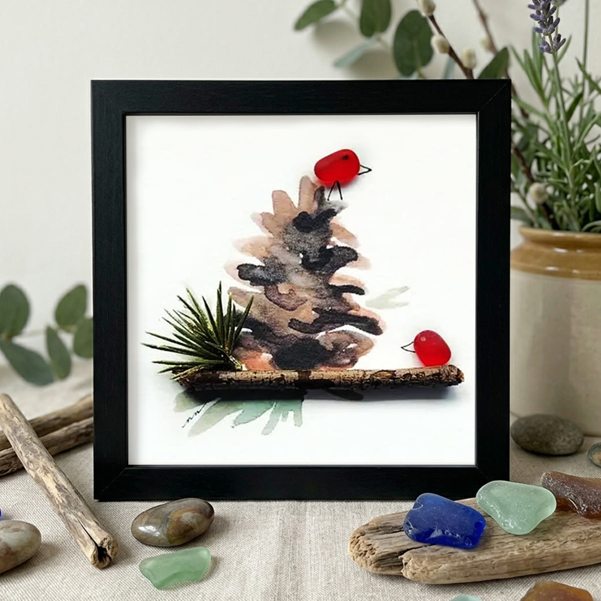 Red Birds Perched On A Pinecone Sea Glass Framed Art - Black - 8" X 8" - image 9