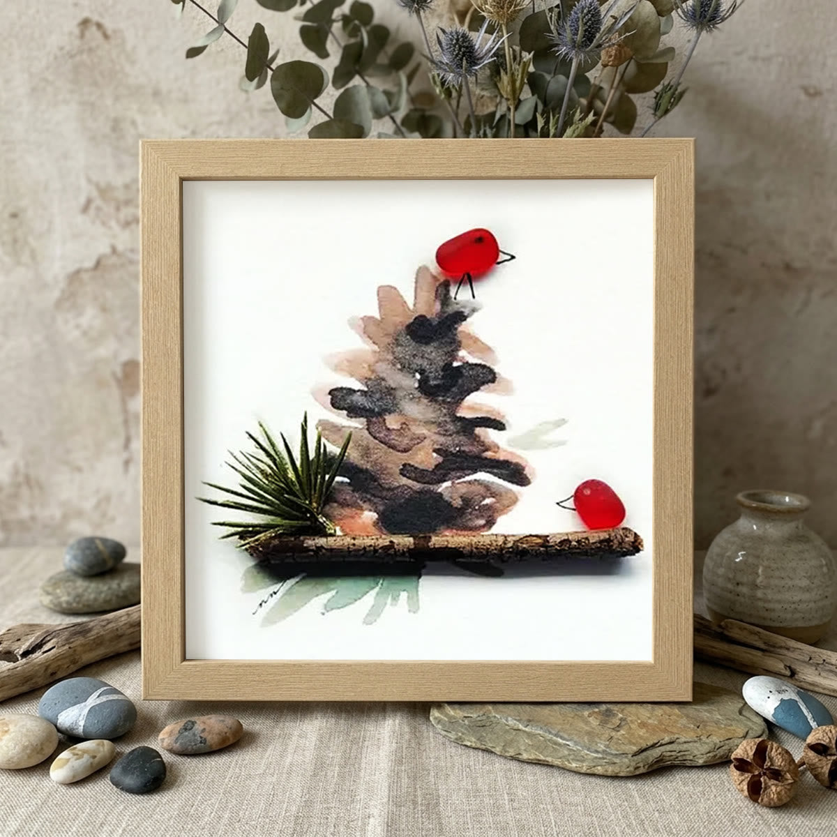 Red Birds Perched On A Pinecone Sea Glass Framed Art - Oak - 8" X 8" - image 8