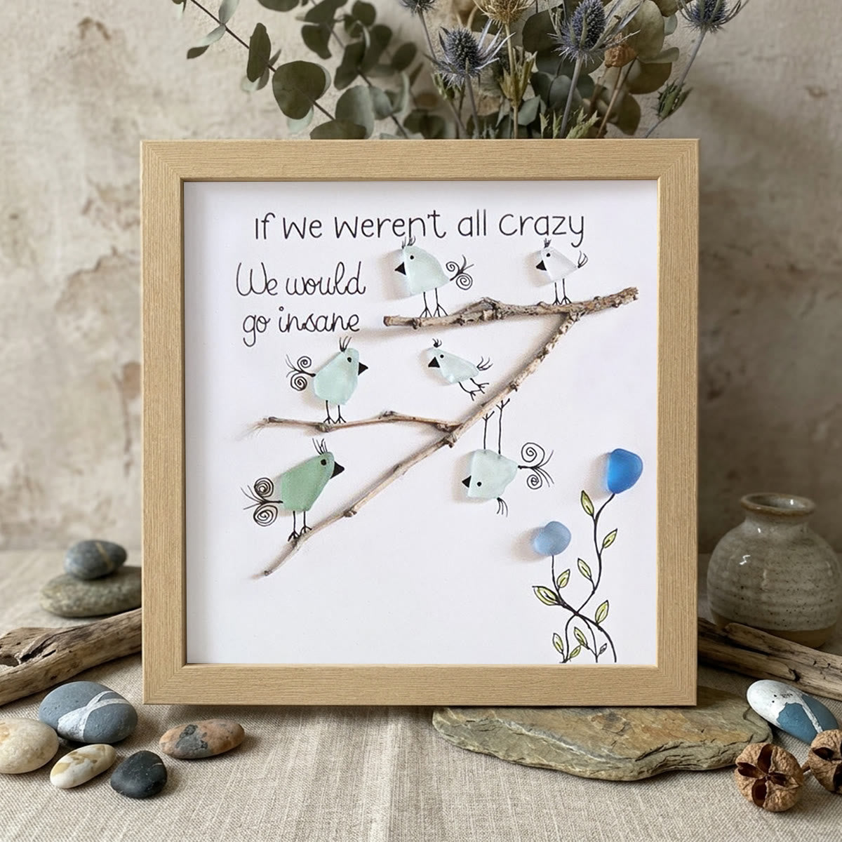 Carefree Vibe Birds Sea Glass Framed Art - Oak - 8" X 8" - image 5