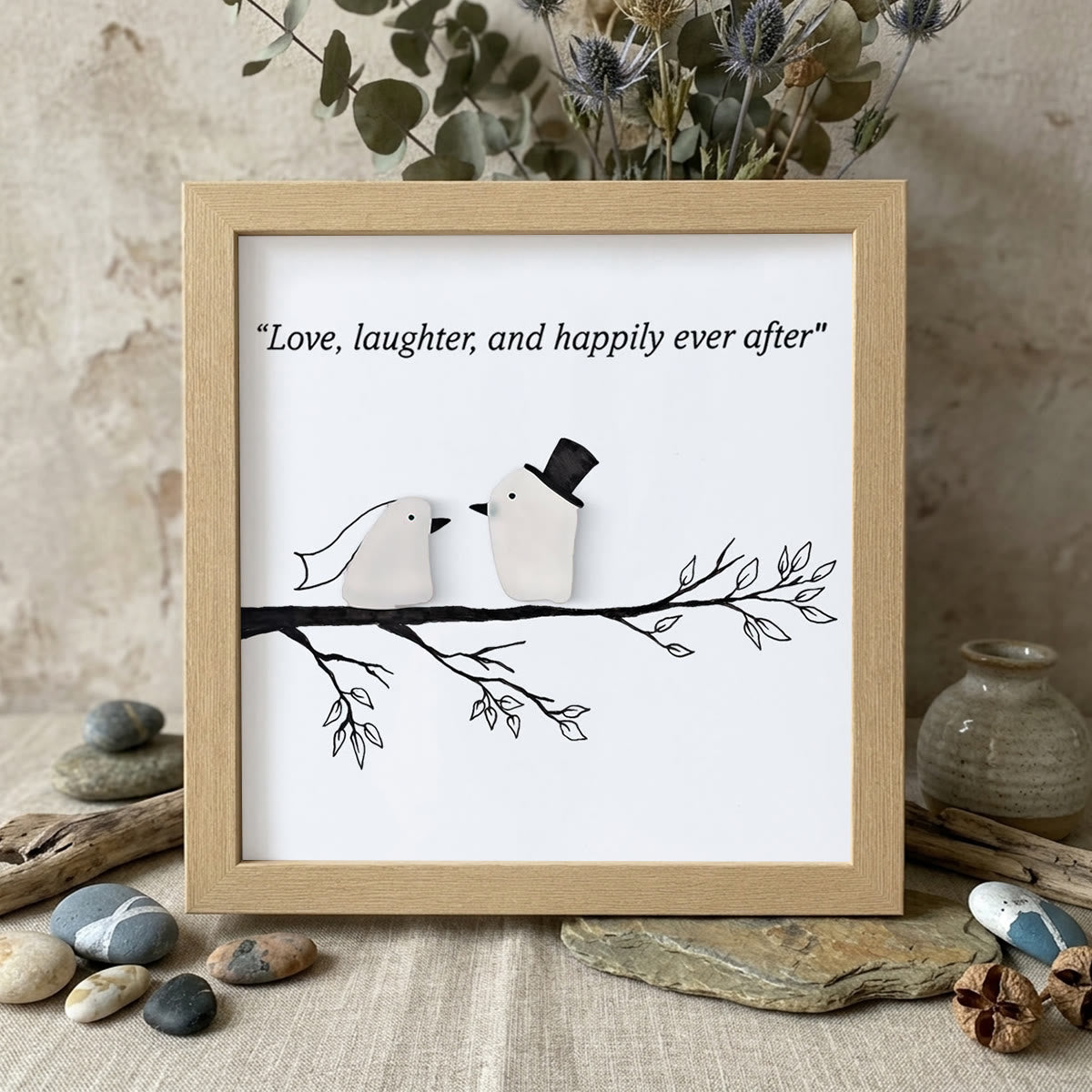 Love, Laughter & Happily Ever After Sea Glass Framed Art - Oak - 8" X 8" - image 10