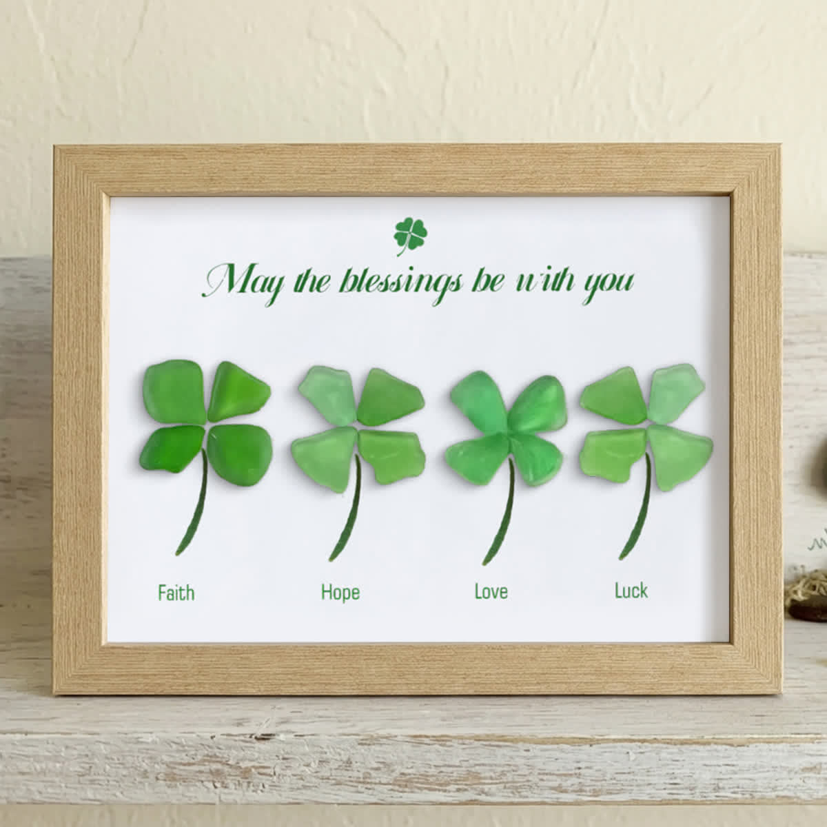Four Leaf Clover Blessings Sea Glass Framed Art - Oak - 6" X 8" - image 11