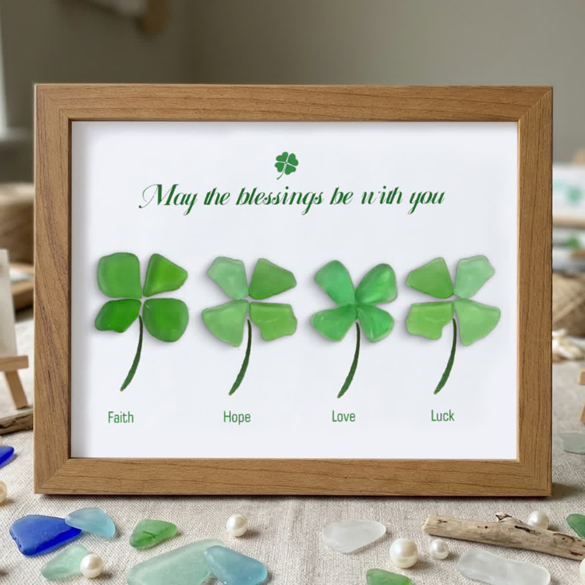 Four Leaf Clover Blessings Sea Glass Framed Art - Walnut Brown - 6" X 8" - image 12