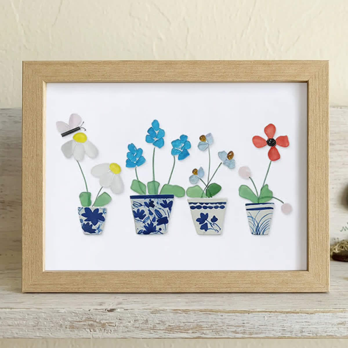 Handmade Flowers Butterfly Sea Glass Framed Art - Oak - 6" X 8" - image 7