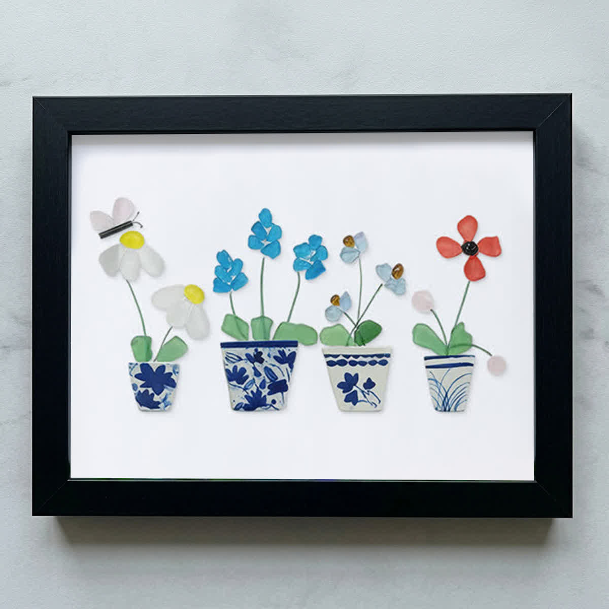 Handmade Flowers Butterfly Sea Glass Framed Art - Black - 6" X 8" - image 9