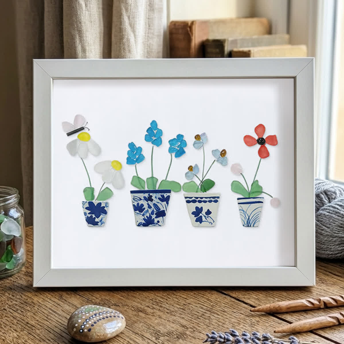 Handmade Flowers Butterfly Sea Glass Framed Art - White - 6" X 8" - image 10