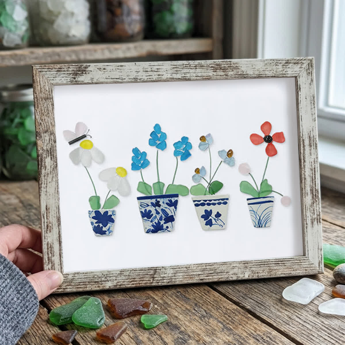 Handmade Flowers Butterfly Sea Glass Framed Art - Retro White - 6" X 8" - image 11