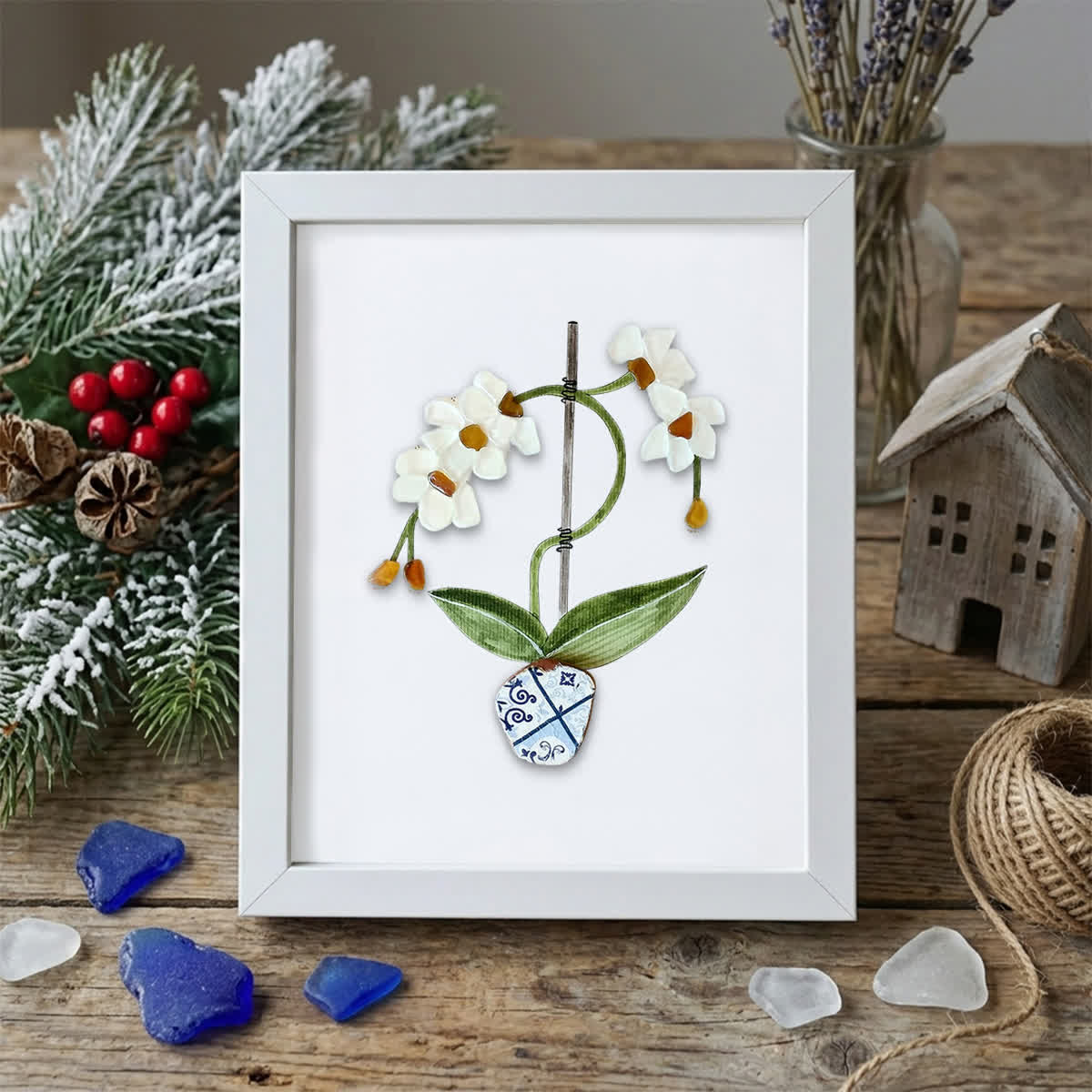 White Orchid Handmade Sea Glass Framed Art - White - 8" X 6" - image 11