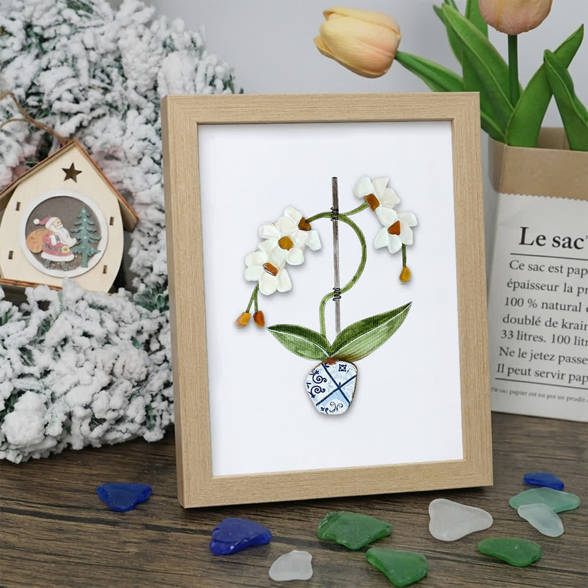 White Orchid Handmade Sea Glass Framed Art - Oak - 8" X 6" - image 8