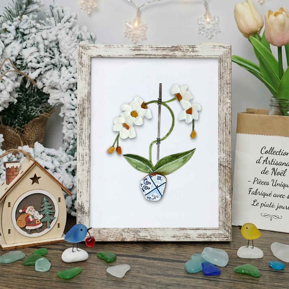 White Orchid Handmade Sea Glass Framed Art - Retro White - 8" X 6" - image 12