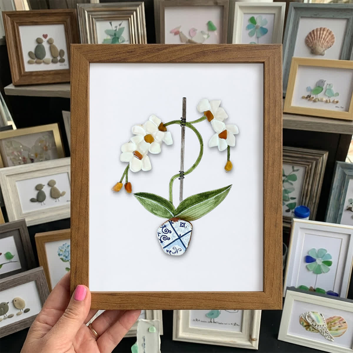 White Orchid Handmade Sea Glass Framed Art - Walnut Brown - 8" X 6" - image 9