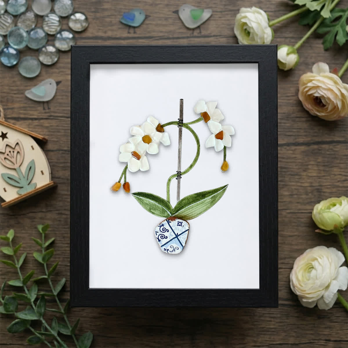 White Orchid Handmade Sea Glass Framed Art - Black - 8" X 6" - image 10
