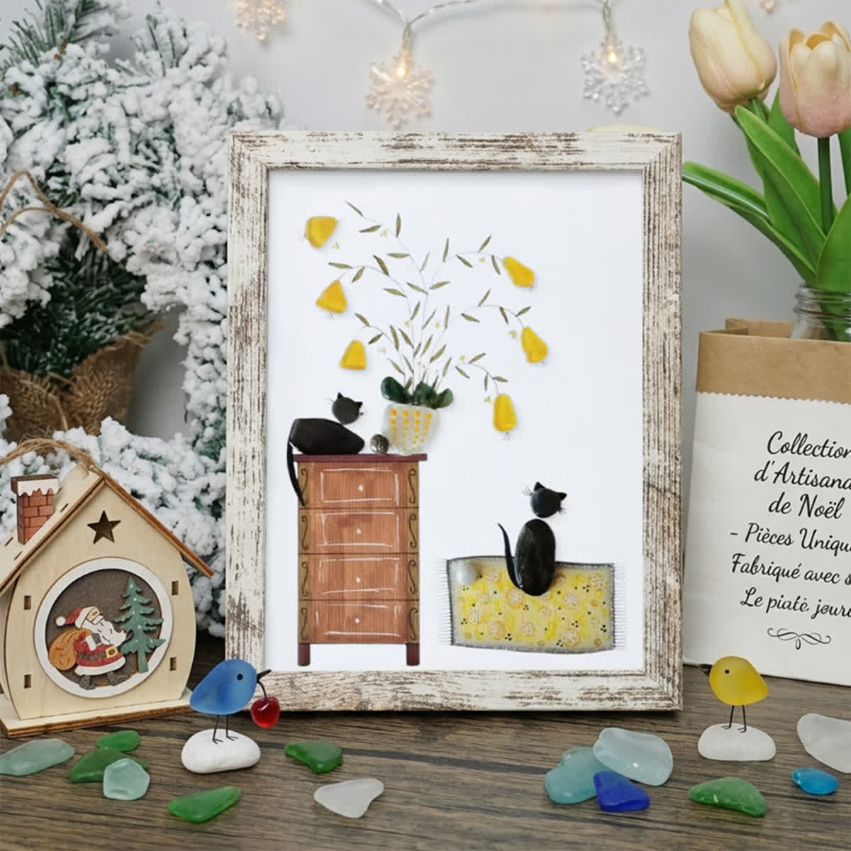 Pebble Cats And Blooming Plants Sea Glass Framed Art - Retro White - 8" X 6" - image 13