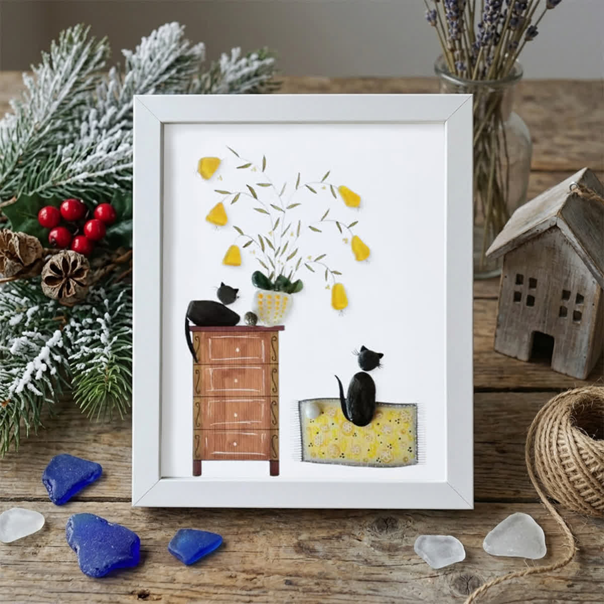 Pebble Cats And Blooming Plants Sea Glass Framed Art - White - 8" X 6" - image 12