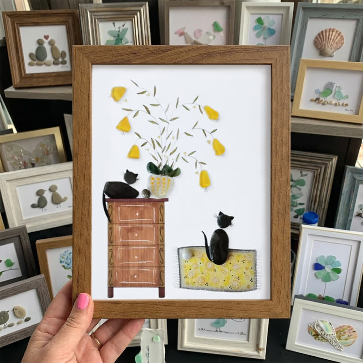 Pebble Cats And Blooming Plants Sea Glass Framed Art - Walnut Brown - 8" X 6" - image 10