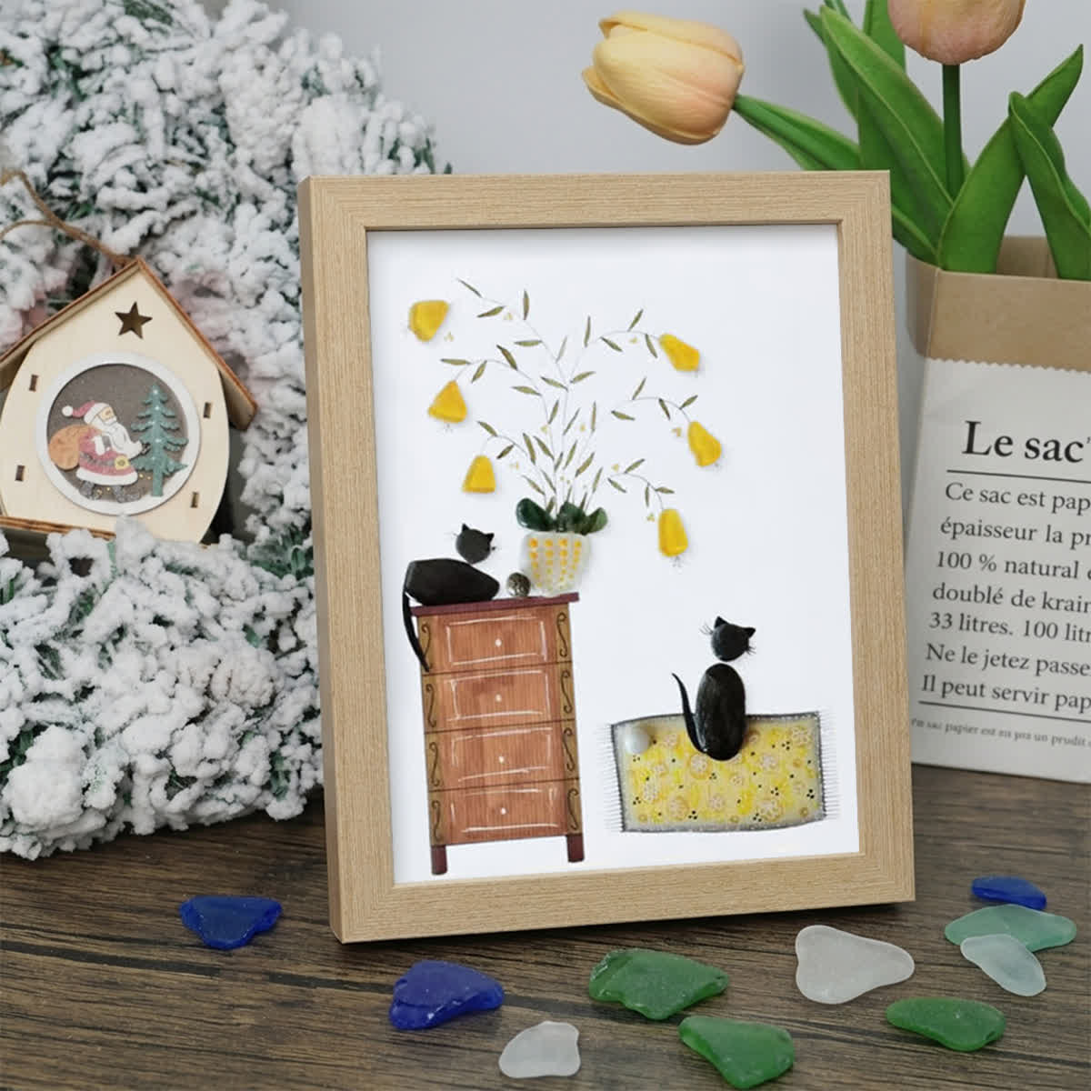 Pebble Cats And Blooming Plants Sea Glass Framed Art - Oak - 8" X 6" - image 9