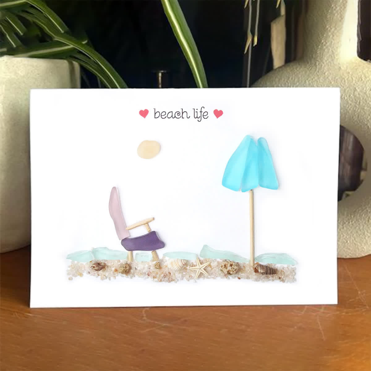 Happy Retirement Beach Chair And Umbrella Sea Glass Framed Art - Seaglass Card - 6" X 8" - image 1