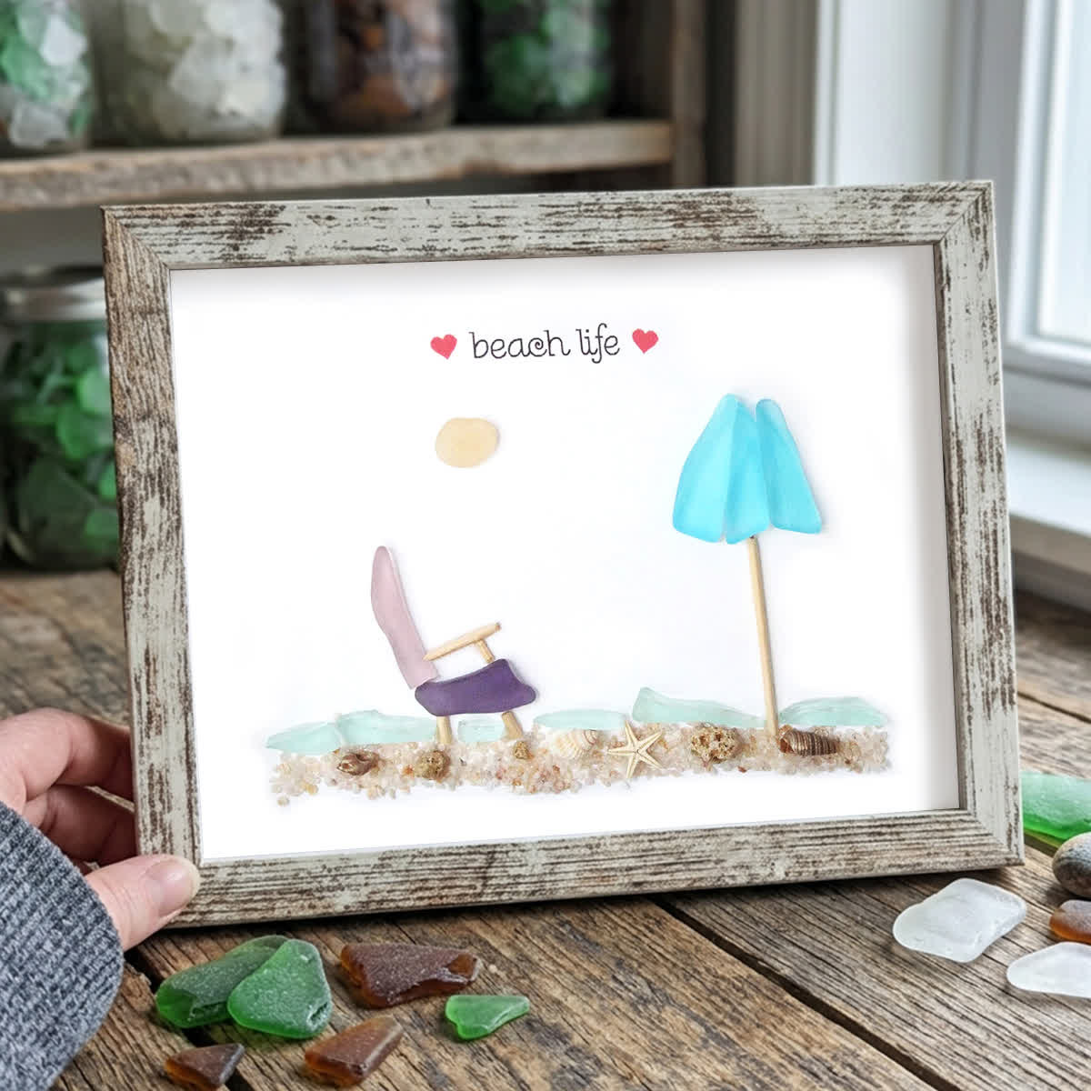 Happy Retirement Beach Chair And Umbrella Sea Glass Framed Art - Retro White - 6" X 8" - image 12