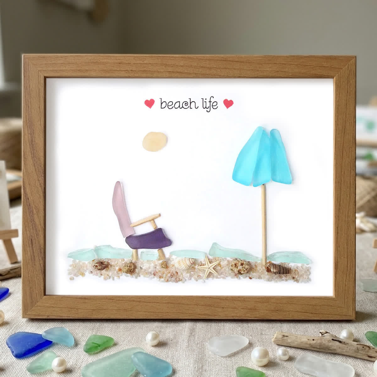 Happy Retirement Beach Chair And Umbrella Sea Glass Framed Art - Walnut Brown - 6" X 8" - image 9