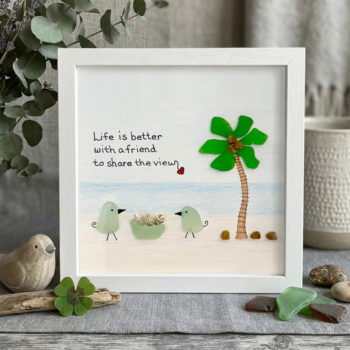 Friends On The Beach Under A Palm Tree Sea Glass Framed Art - White - 8" X 8" - image 10