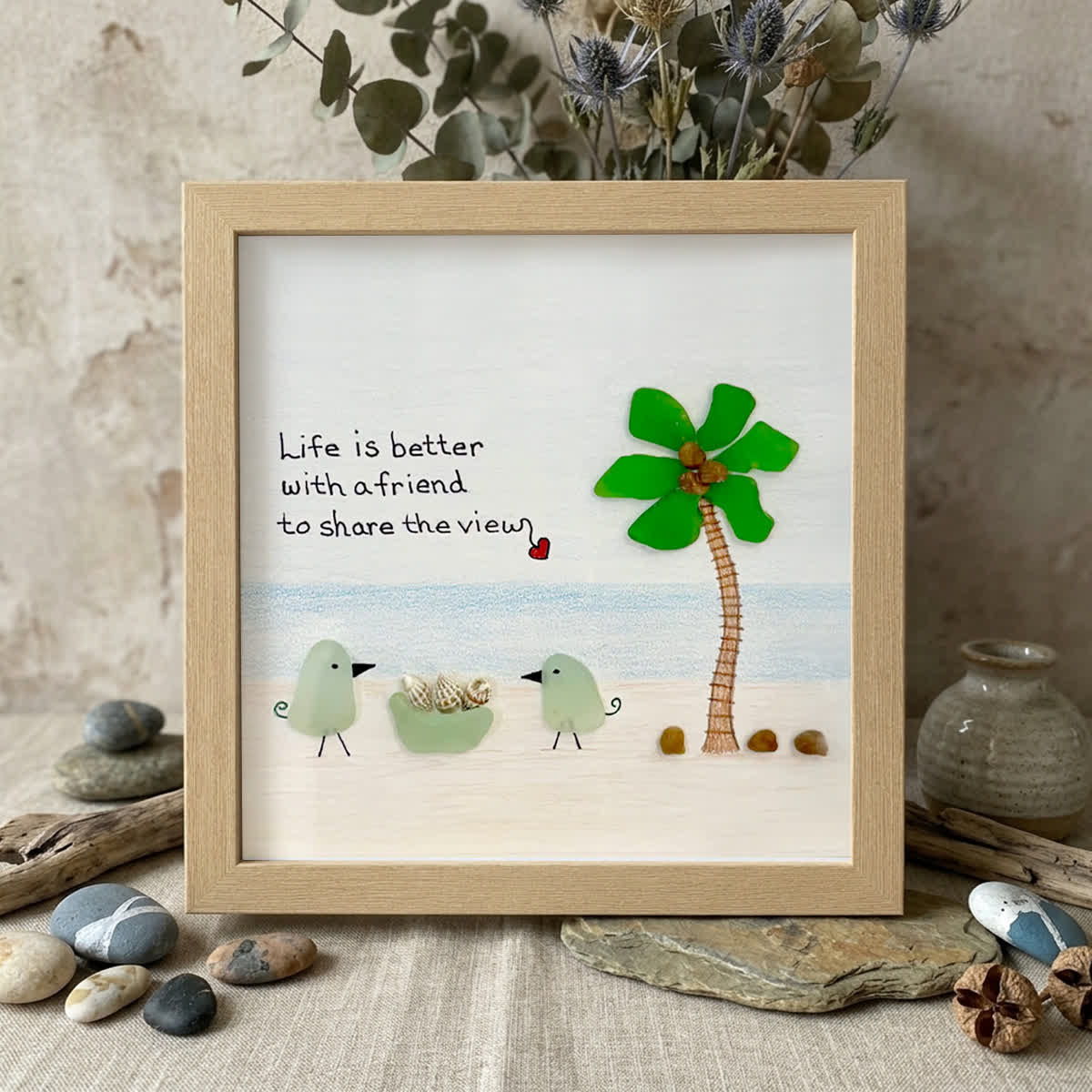 Friends On The Beach Under A Palm Tree Sea Glass Framed Art - Oak - 8" X 8" - image 8