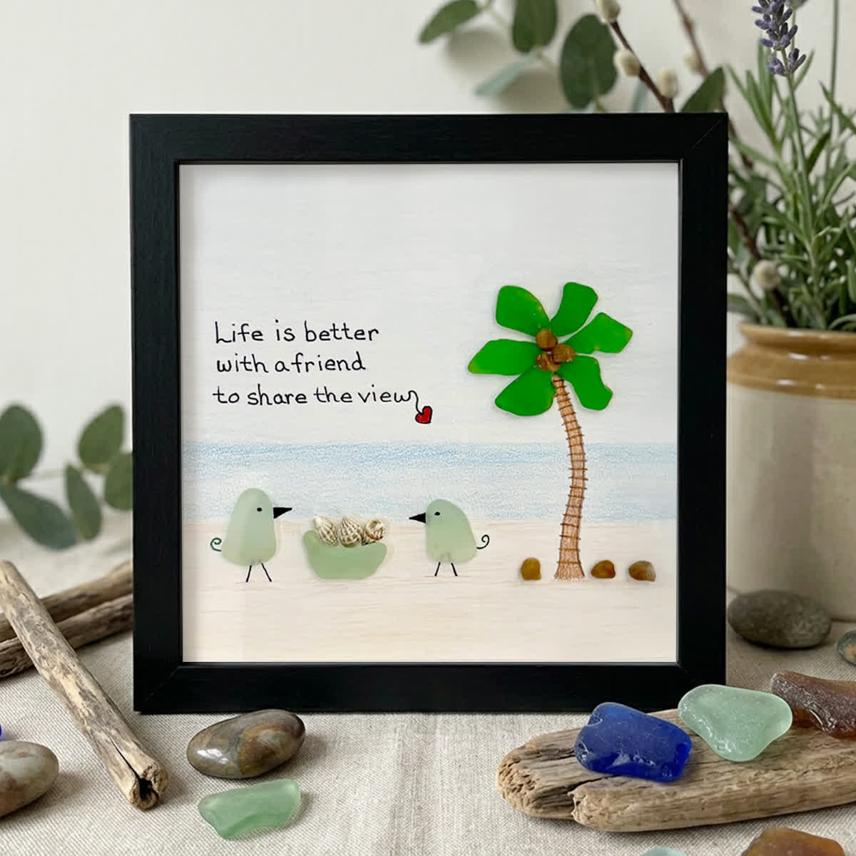 Friends On The Beach Under A Palm Tree Sea Glass Framed Art - Black - 8" X 8" - image 9