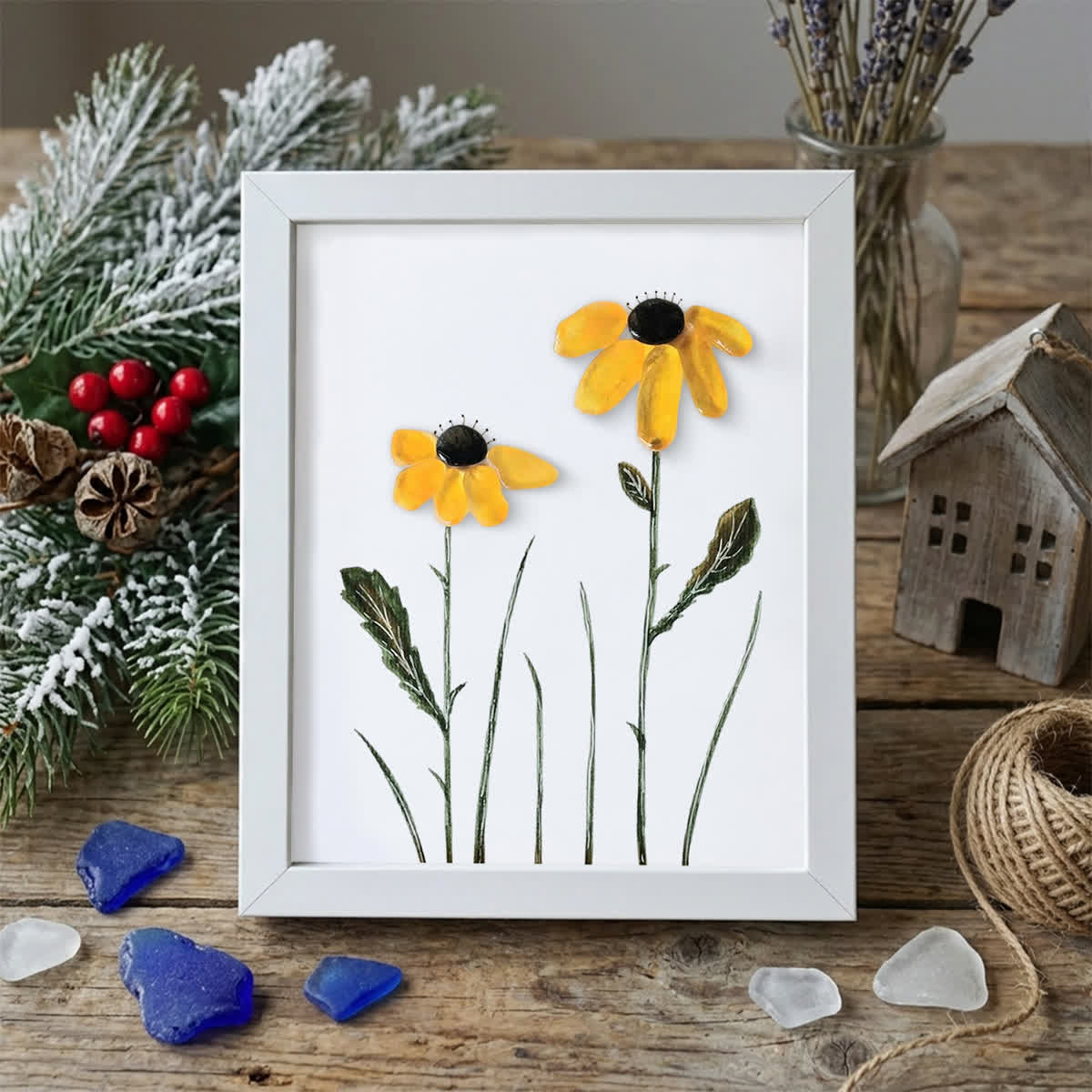 Daisy Handmade Sea Glass Framed Art - White - 8" X 6" - image 16