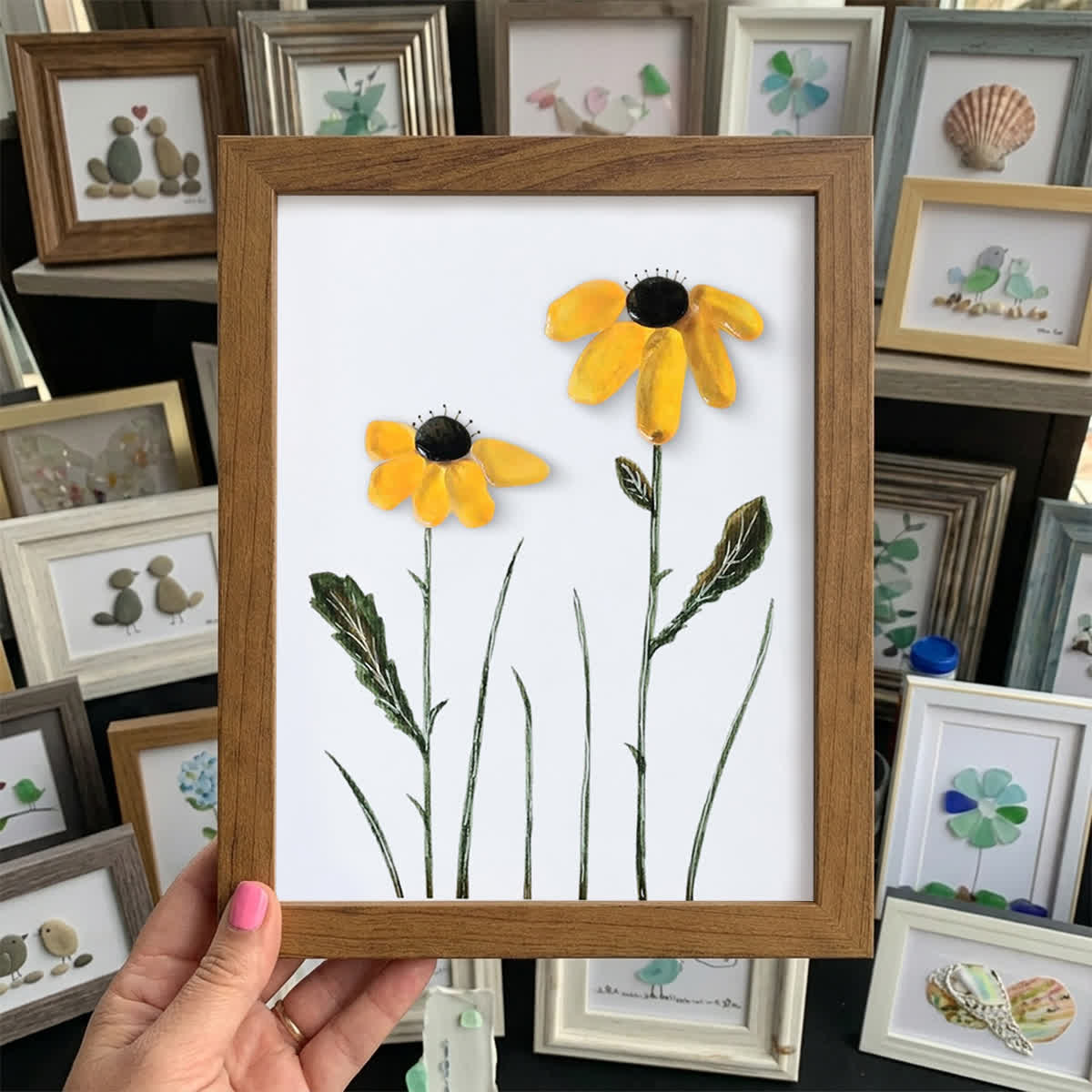 Daisy Handmade Sea Glass Framed Art - Walnut Brown - 8" X 6" - image 14
