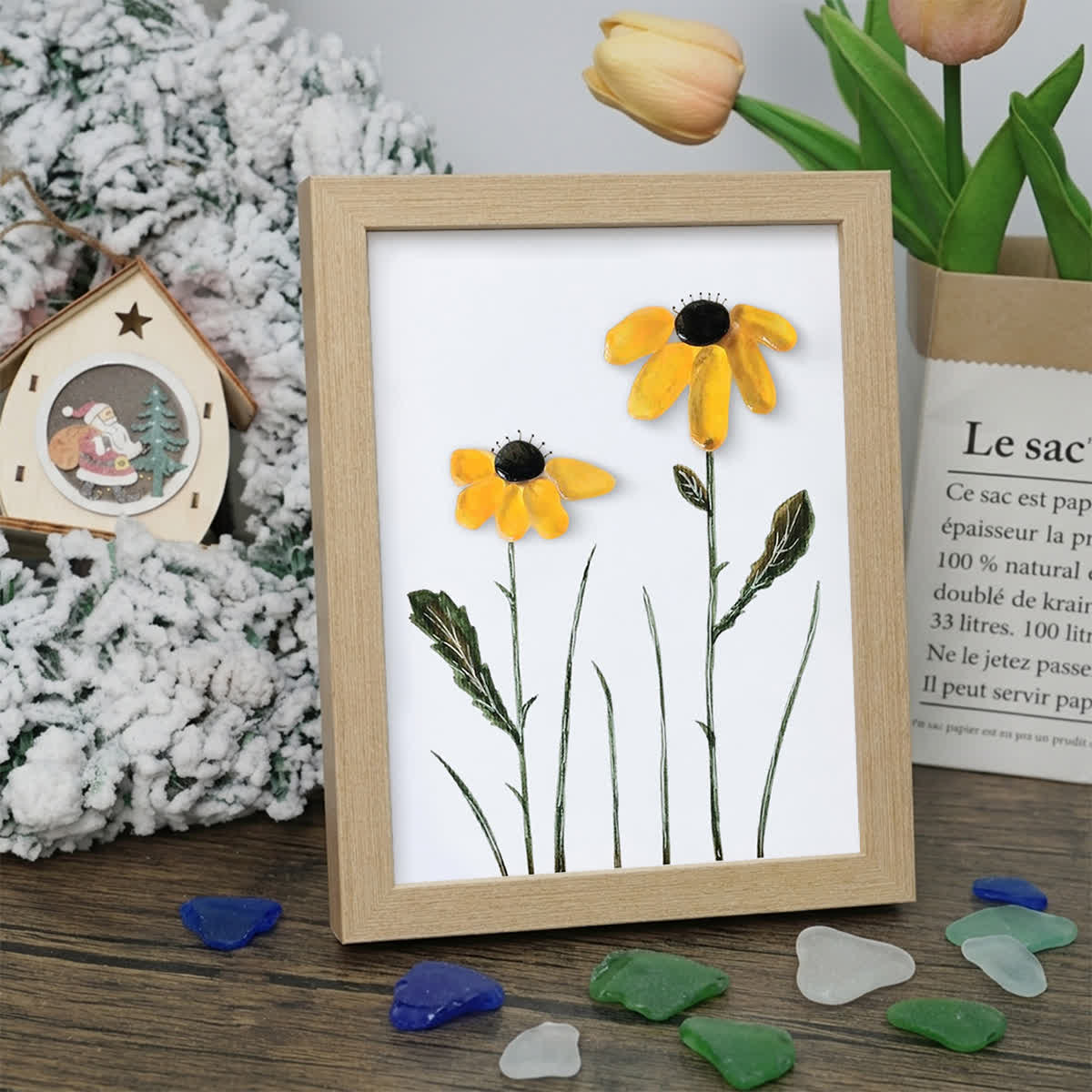 Daisy Handmade Sea Glass Framed Art - Oak - 8" X 6" - image 13