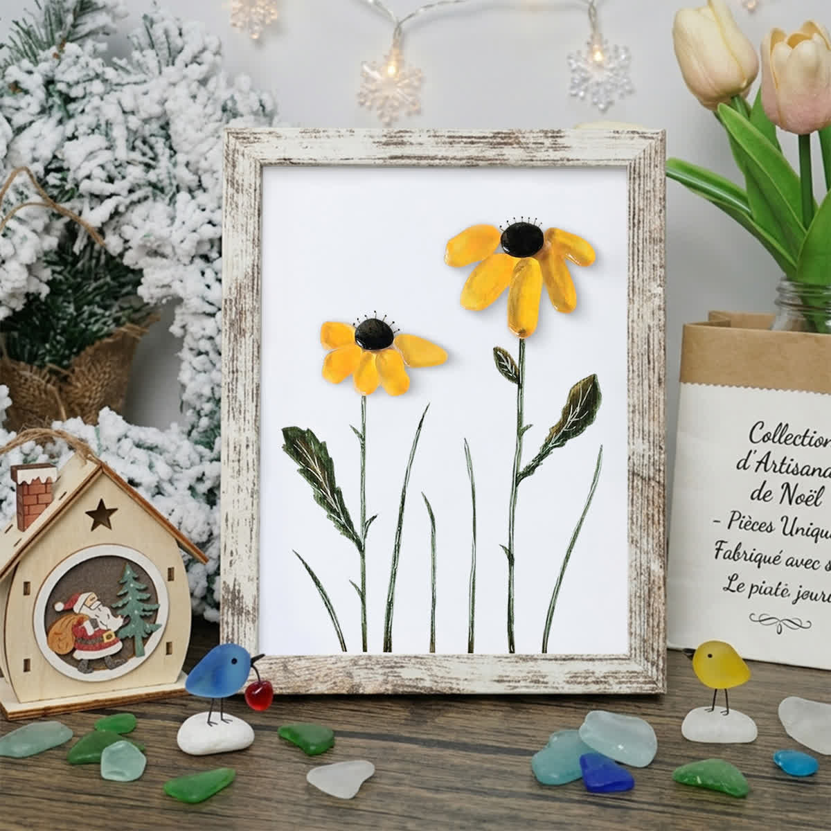 Daisy Handmade Sea Glass Framed Art - Retro White - 8" X 6" - image 17