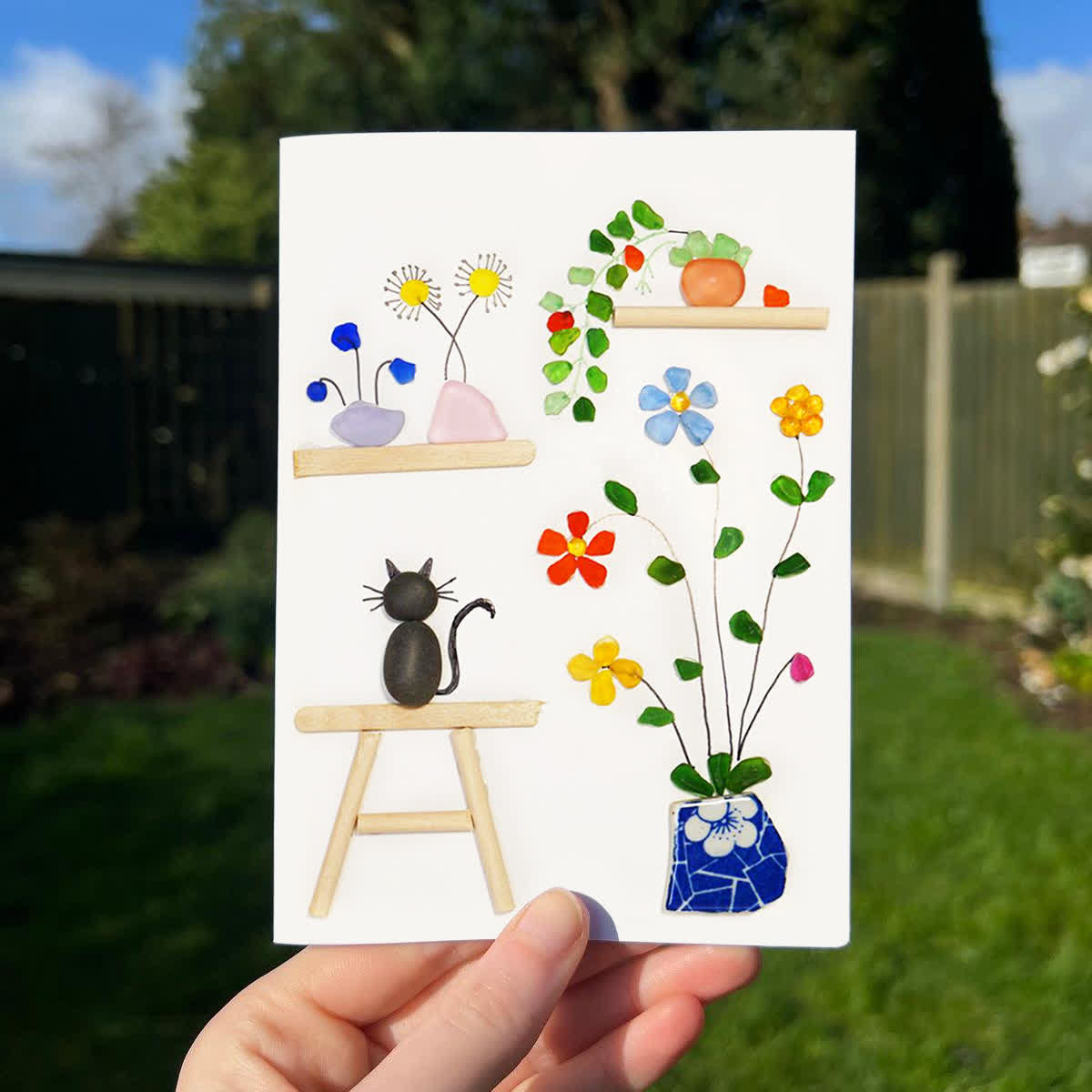 Cat And Greenhouse Sea Glass Framed Art - Seaglass Card - 8" X 6" - image 1