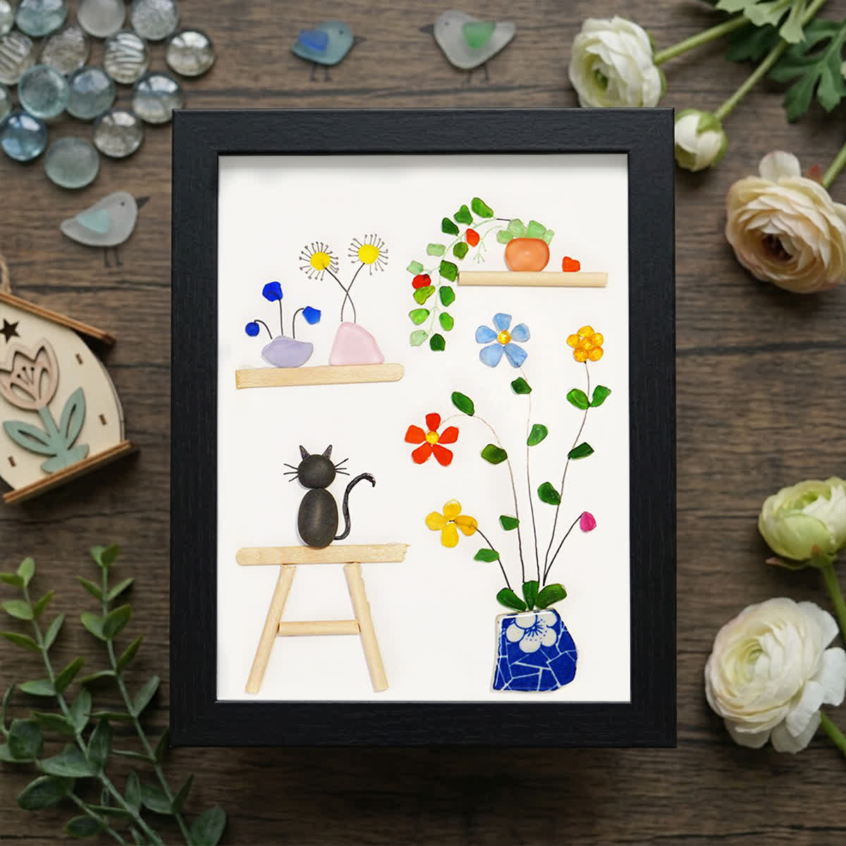 Cat And Greenhouse Sea Glass Framed Art - Black - 8" X 6" - image 8