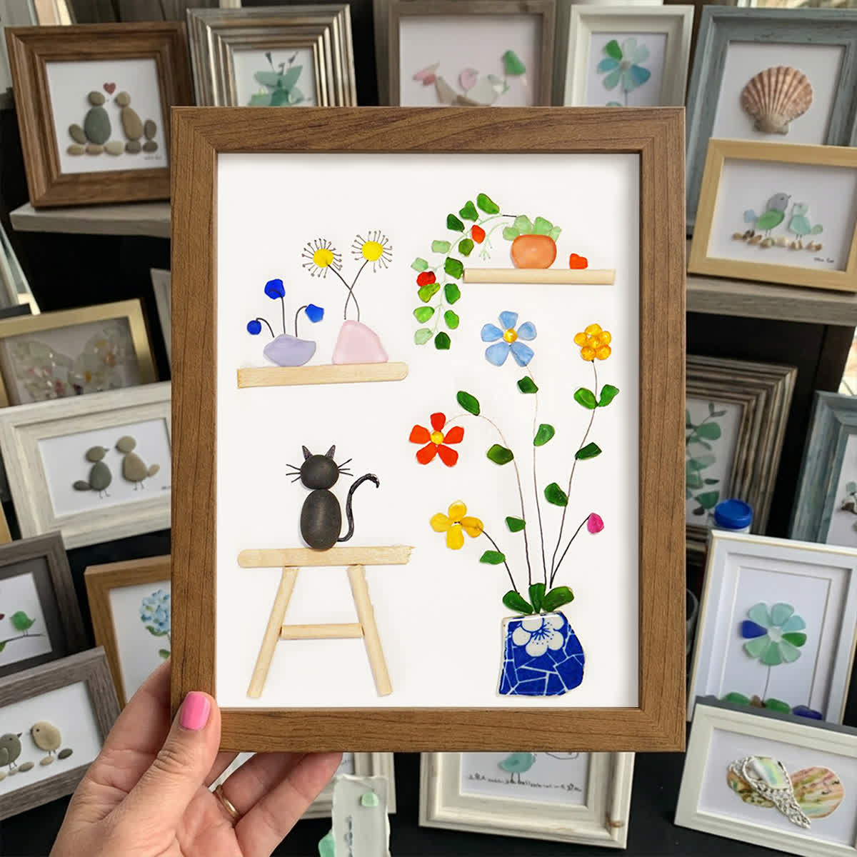 Cat And Greenhouse Sea Glass Framed Art - Walnut Brown - 8" X 6" - image 7