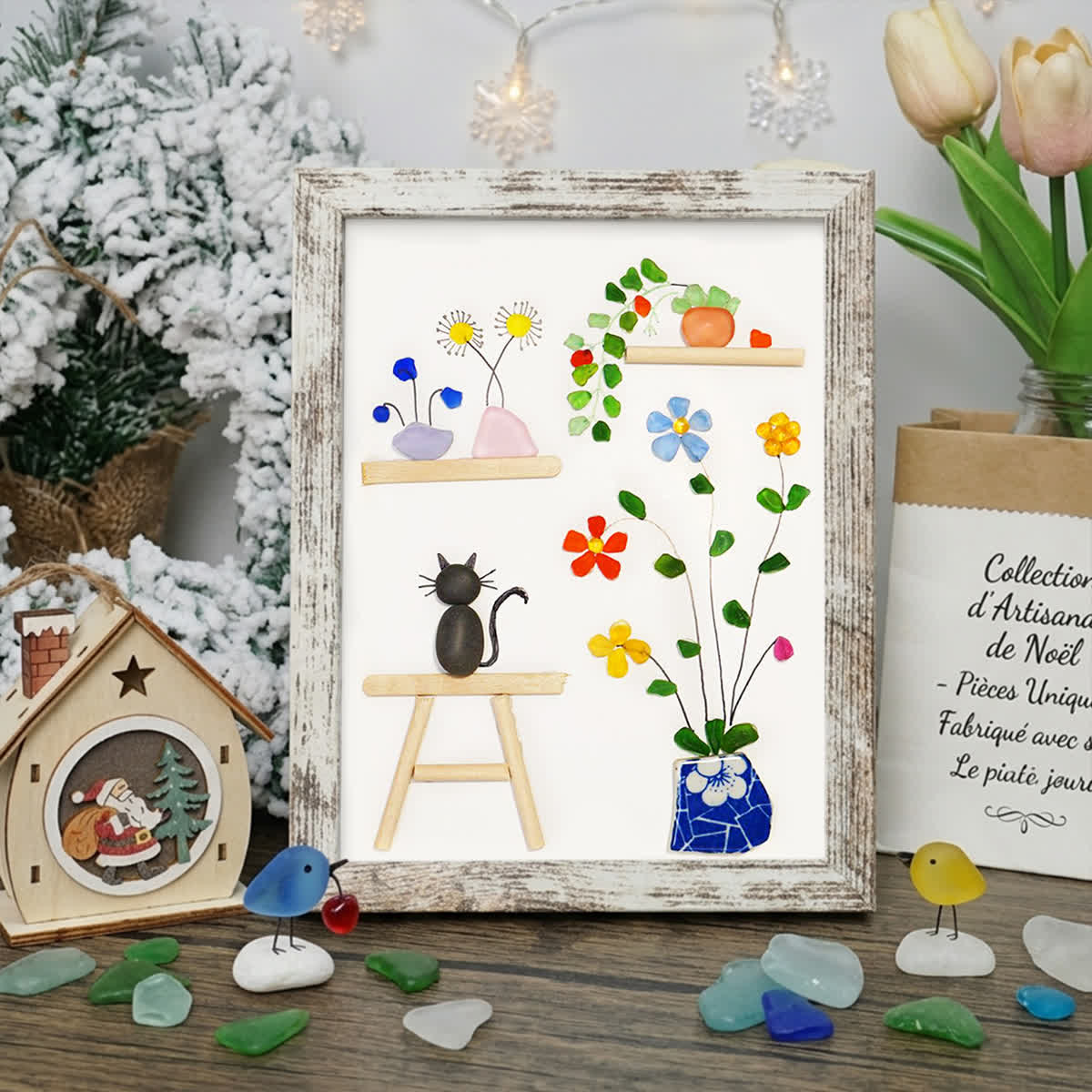 Cat And Greenhouse Sea Glass Framed Art - Retro White - 8" X 6" - image 10