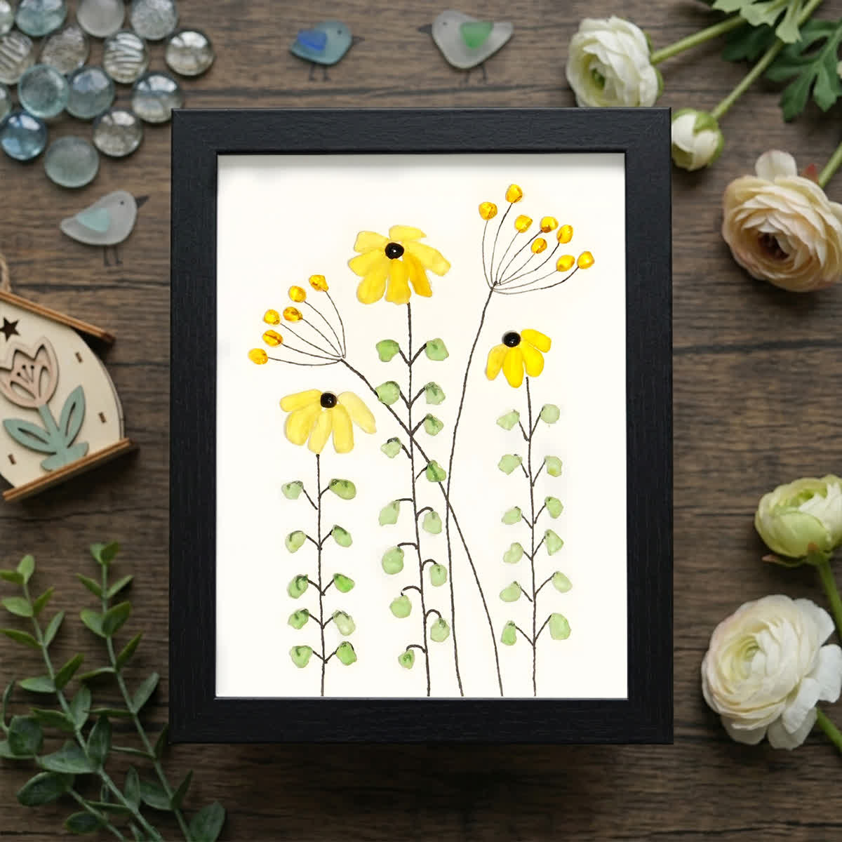 Sunflower Handmade Sea Glass Framed Art - Black - 8" X 6" - image 15