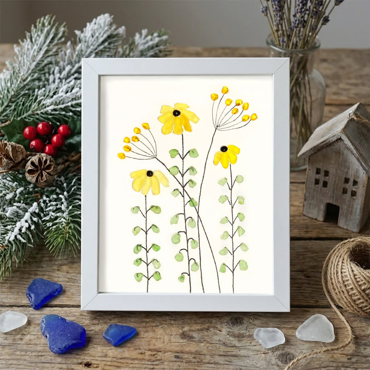 Sunflower Handmade Sea Glass Framed Art - White - 8" X 6" - image 16