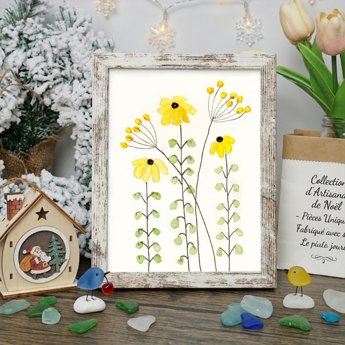 Sunflower Handmade Sea Glass Framed Art - Retro White - 8" X 6" - image 17