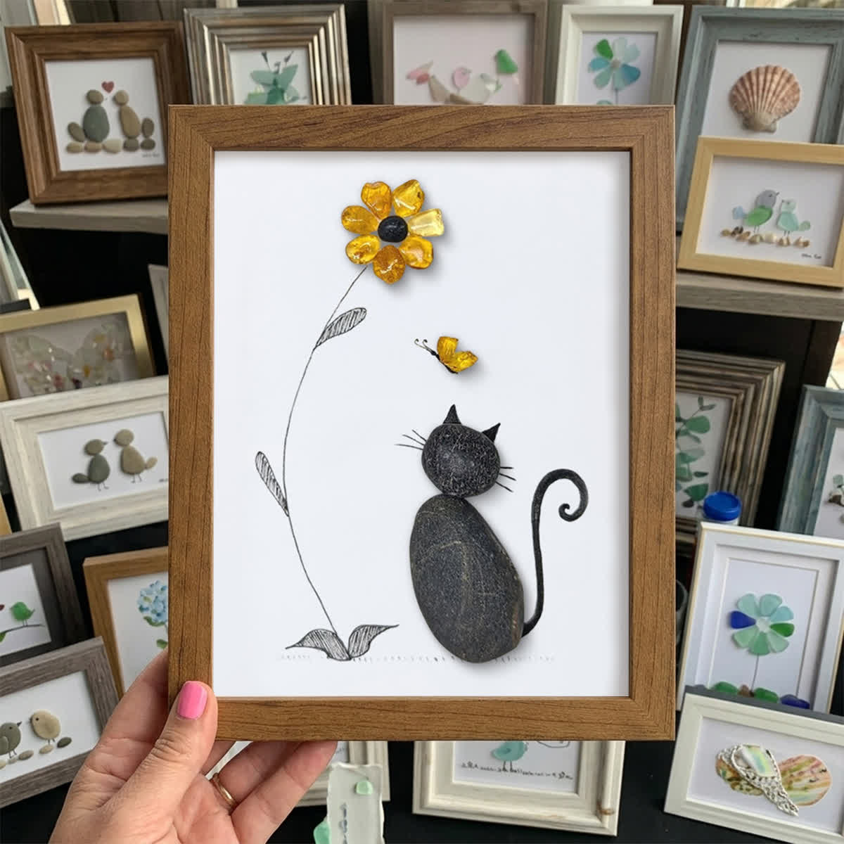 Black Pebble Cat And Yellow Flower Sea Glass Framed Art - Walnut Brown - 8" X 6" - image 10