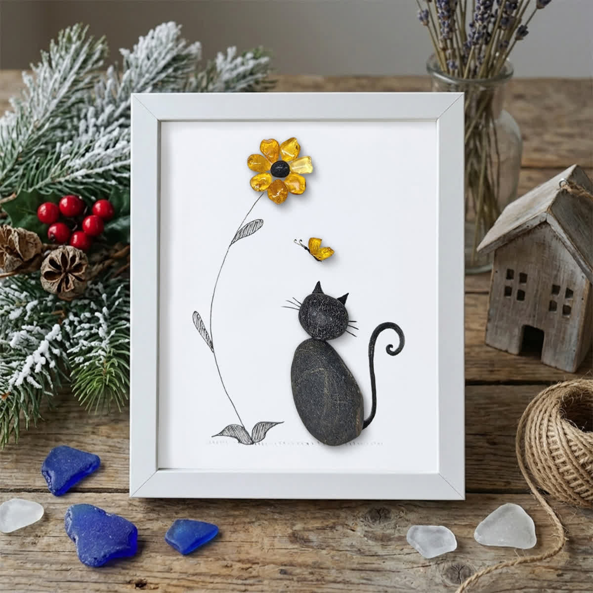 Black Pebble Cat And Yellow Flower Sea Glass Framed Art - White - 8" X 6" - image 12