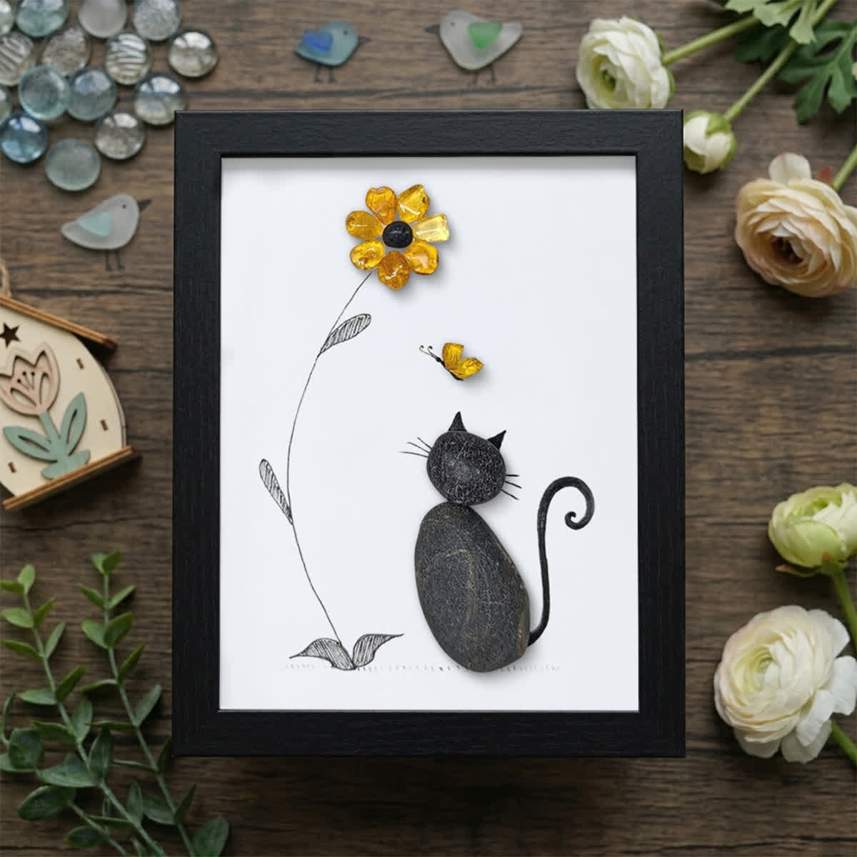 Black Pebble Cat And Yellow Flower Sea Glass Framed Art - Black - 8" X 6" - image 11