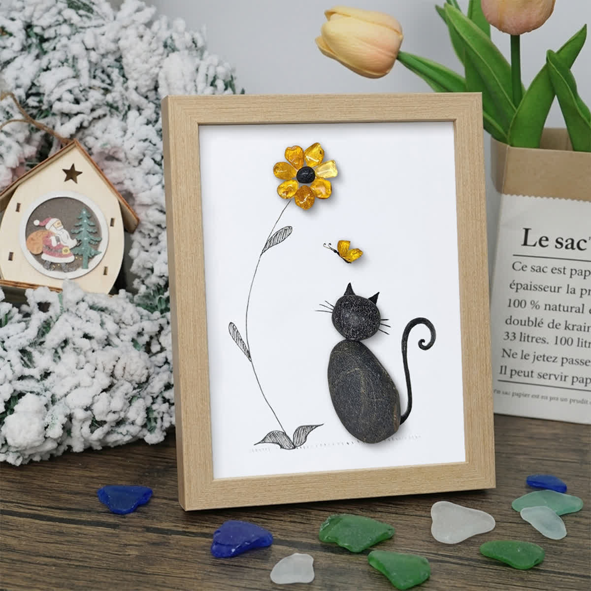 Black Pebble Cat And Yellow Flower Sea Glass Framed Art - Oak - 8" X 6" - image 9