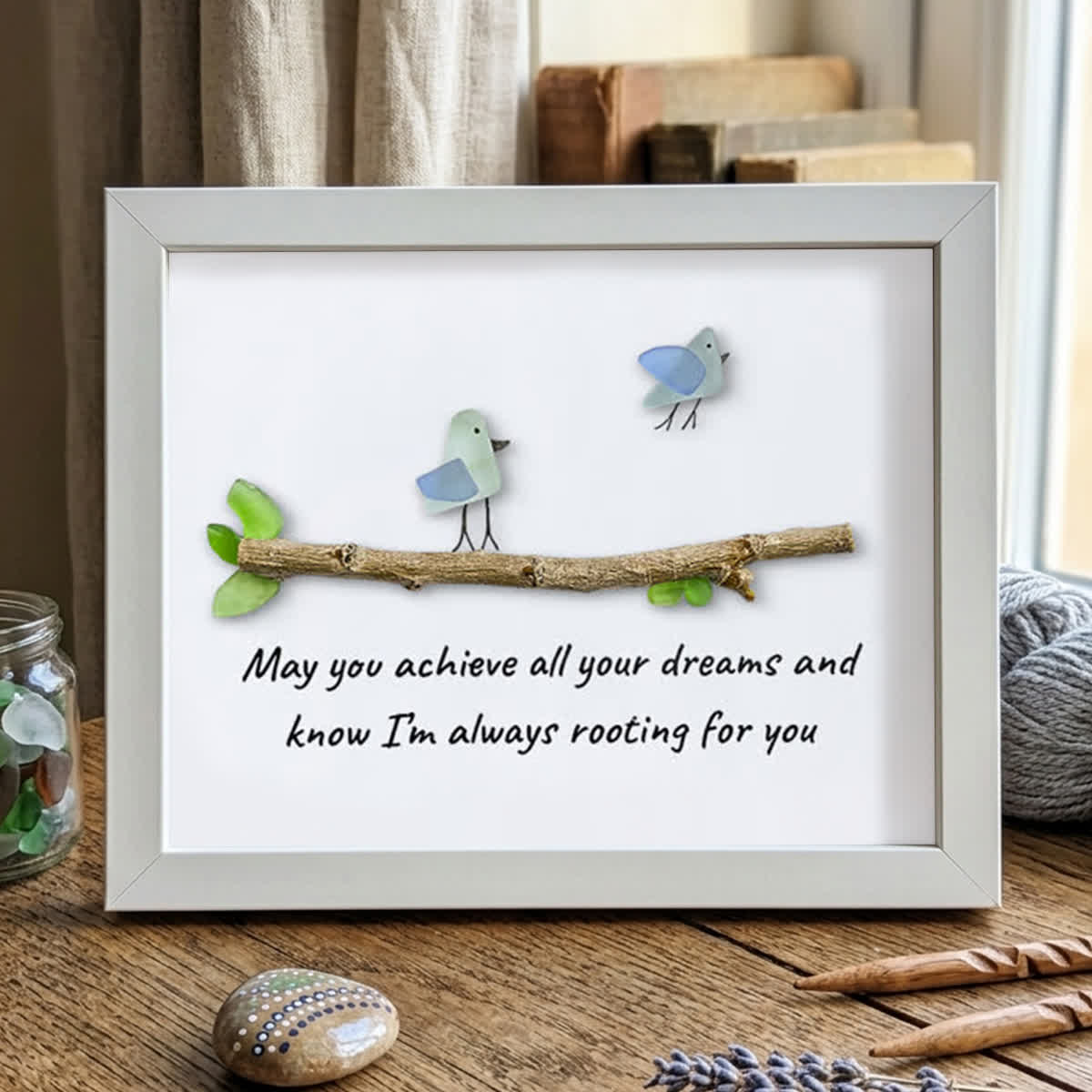 May You Achieve Dreams Birds Sea Glass Framed Art Family Gift - White - 6" X 8" - image 12