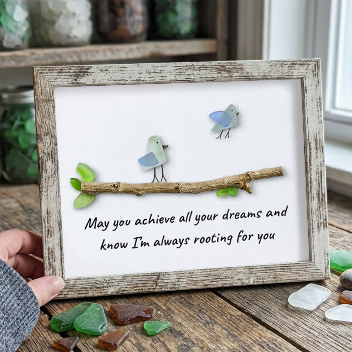 May You Achieve Dreams Birds Sea Glass Framed Art Family Gift - Retro White - 6" X 8" - image 13