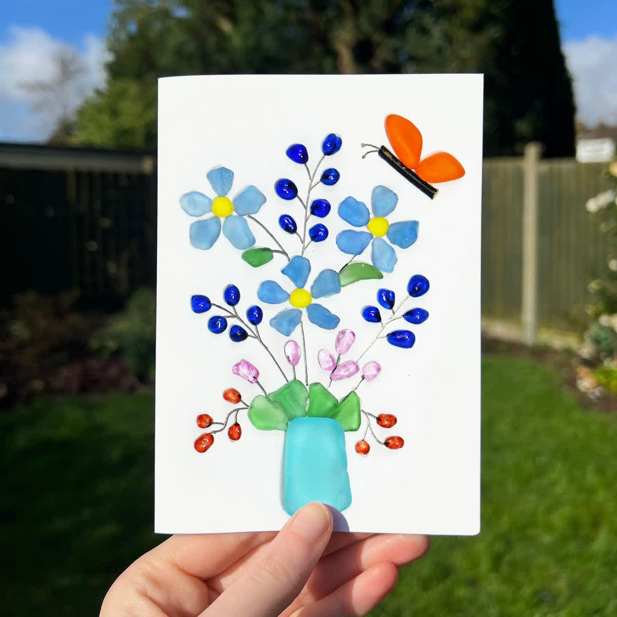 A Whimsical Bouquet With Butterfly Sea Glass Framed Art - Seaglass Card - 8" X 6" - image 1