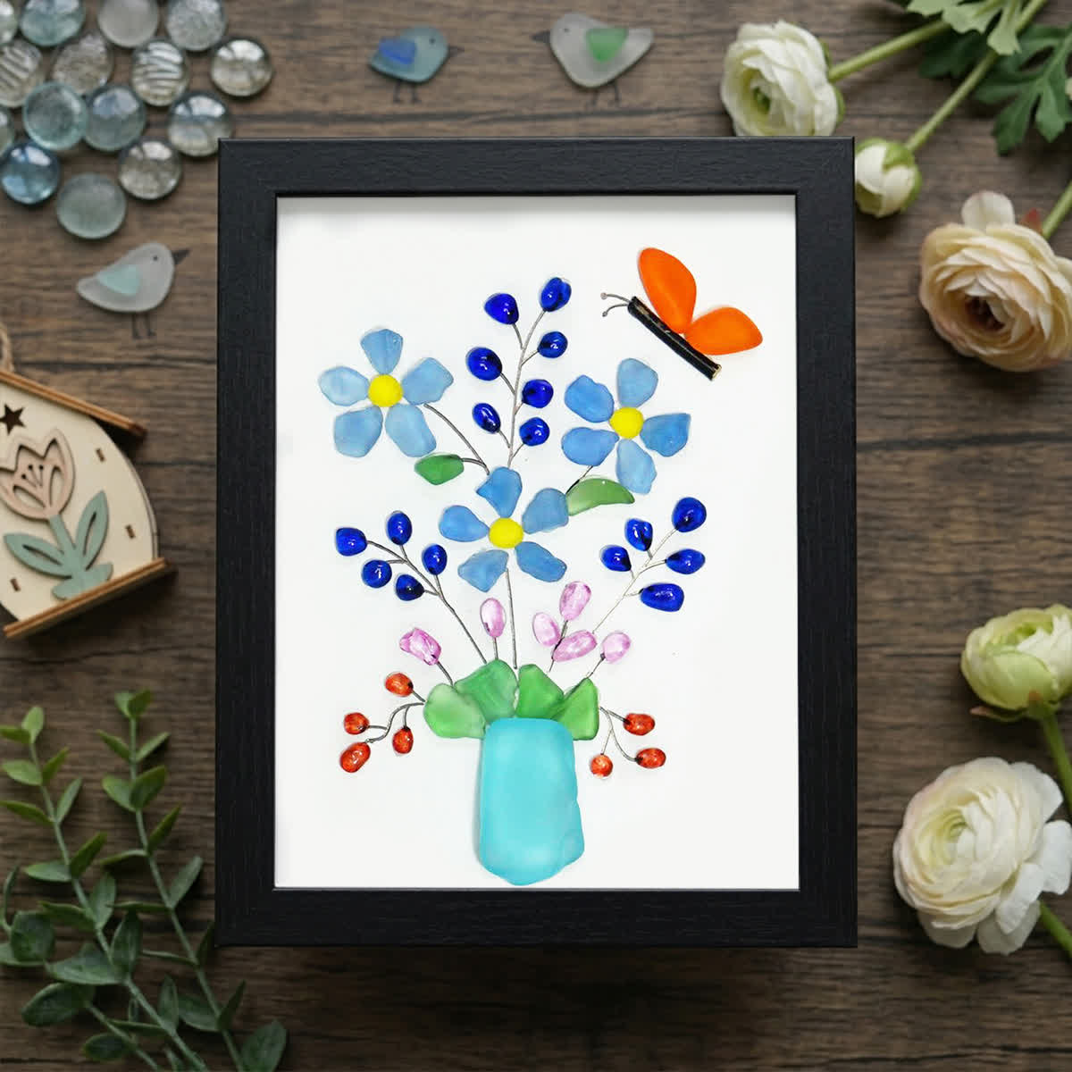 A Whimsical Bouquet With Butterfly Sea Glass Framed Art - Black - 8" X 6" - image 8