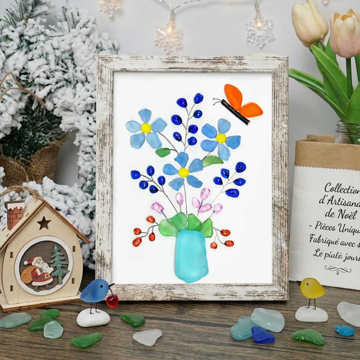 A Whimsical Bouquet With Butterfly Sea Glass Framed Art - Retro White - 8" X 6" - image 10