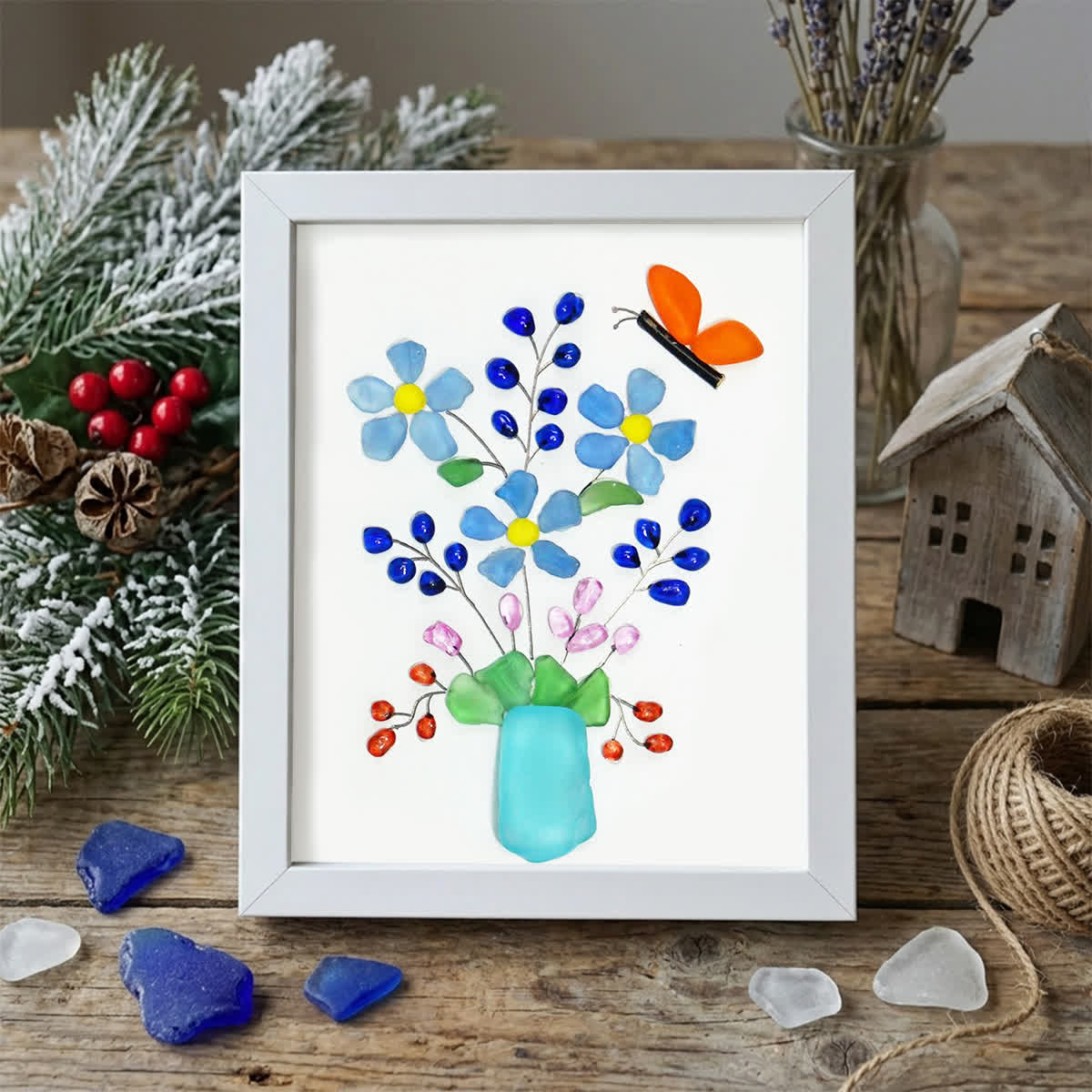A Whimsical Bouquet With Butterfly Sea Glass Framed Art - White - 8" X 6" - image 9